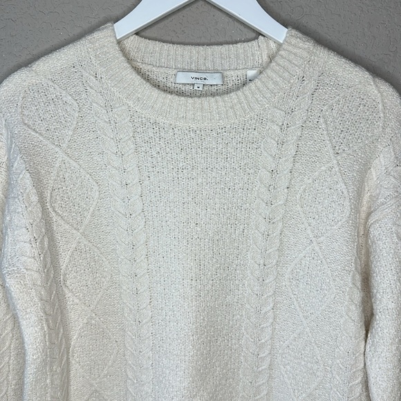 Vince Merino Wool Blend Cream Long Sleeve Crew Neck Cable Knit Sweater Size M - Picture 4 of 14
